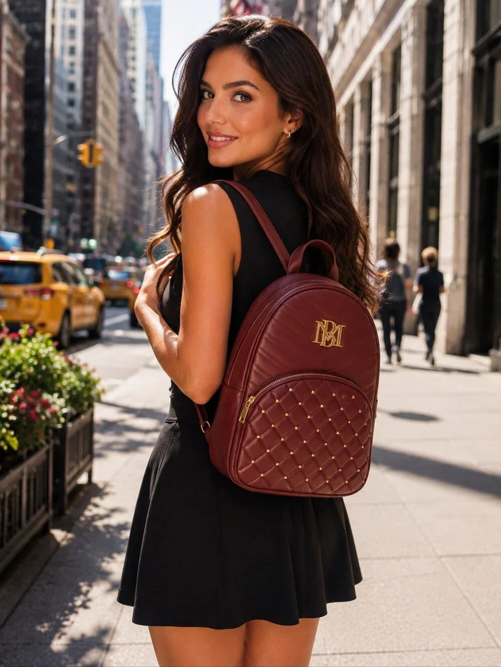 Badgley Mischka womens chevron quilted pocket studded plum gold backpack new nwt